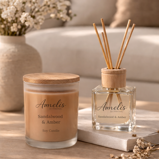 Σετ Δώρου Κερί Σόγιας & Αρωματικό Χώρου Sandalwood & Amber